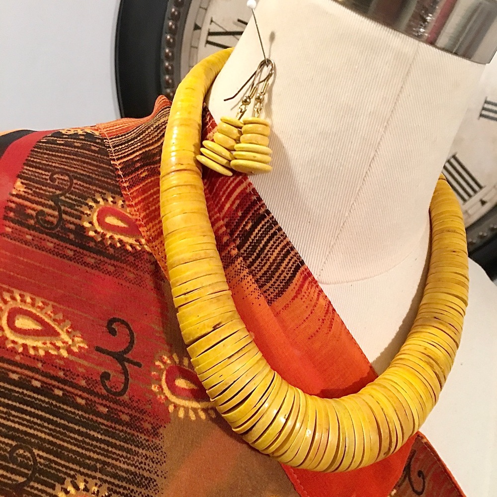 Vintage Yellow Wooden Necklace & Earrings